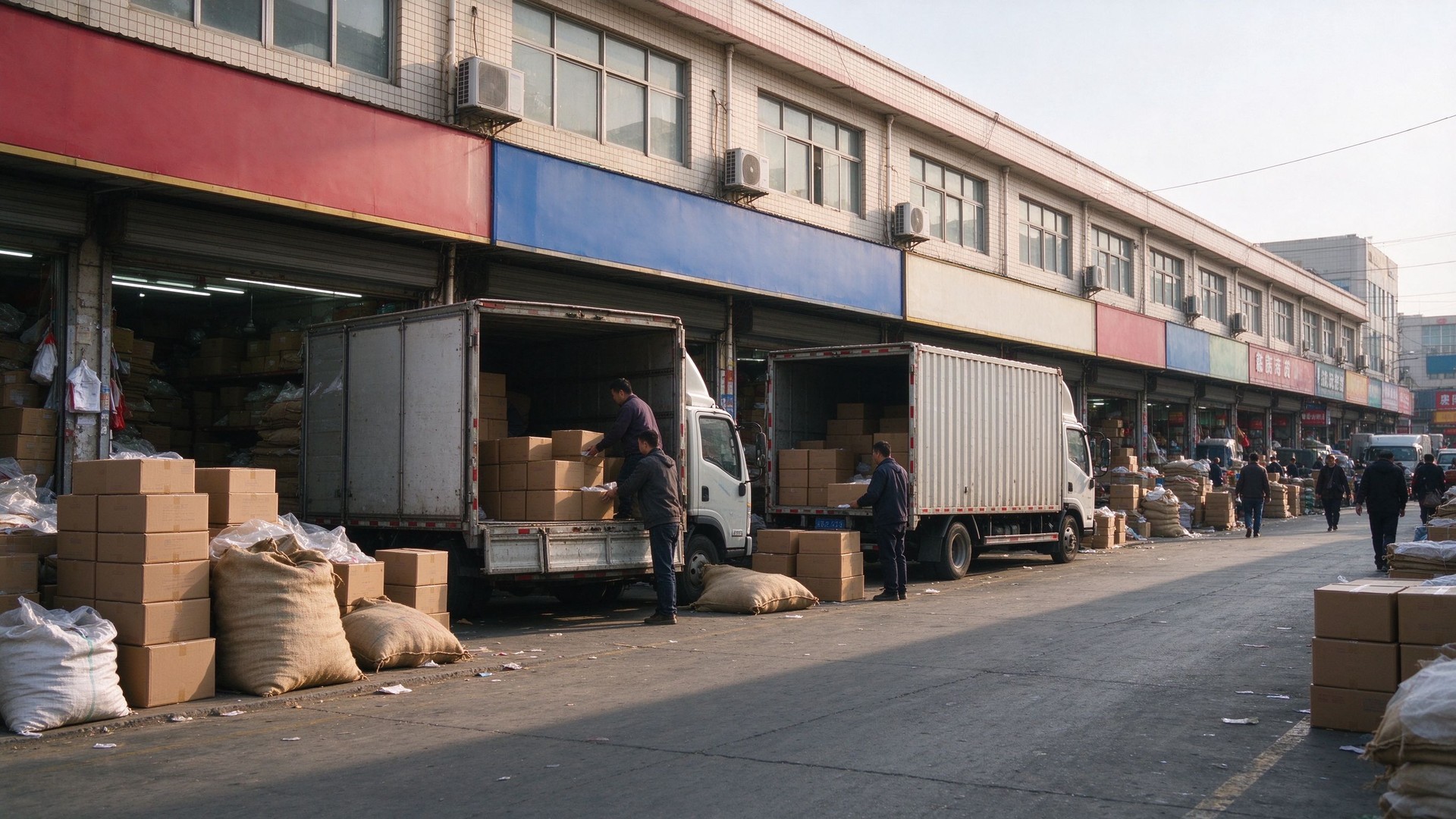 商贸批发市场大门,沿街店铺货车卸货
