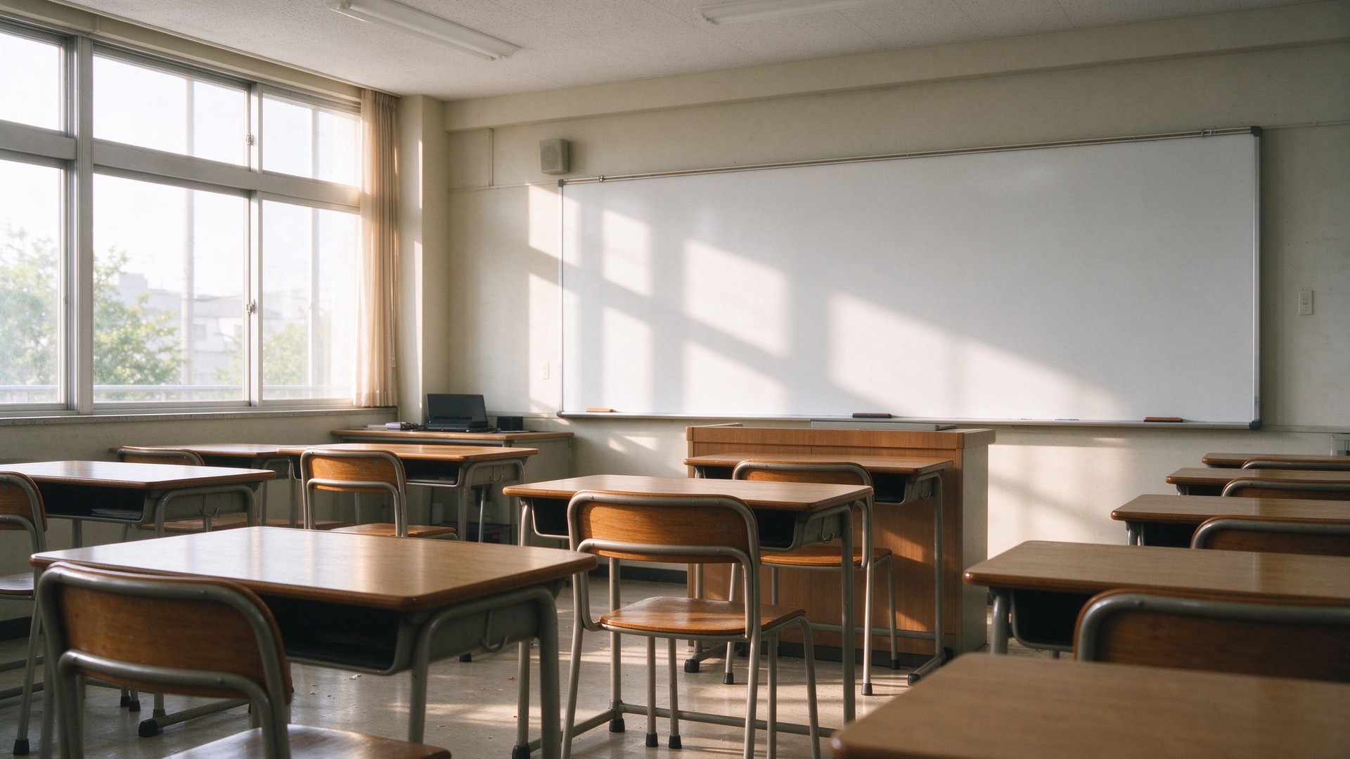 现代教室课桌椅与白板