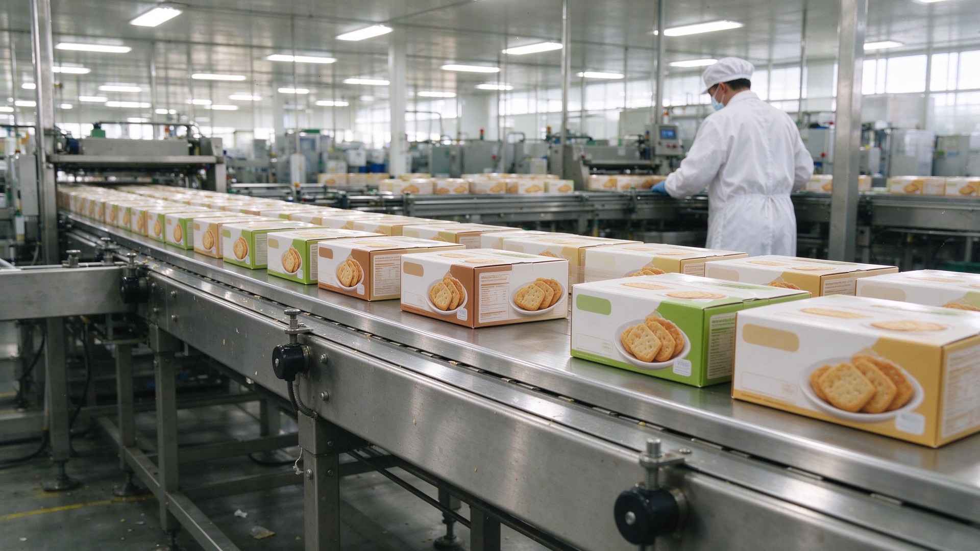 食品生产车间流水线，洁净车间工人远景，明亮场景